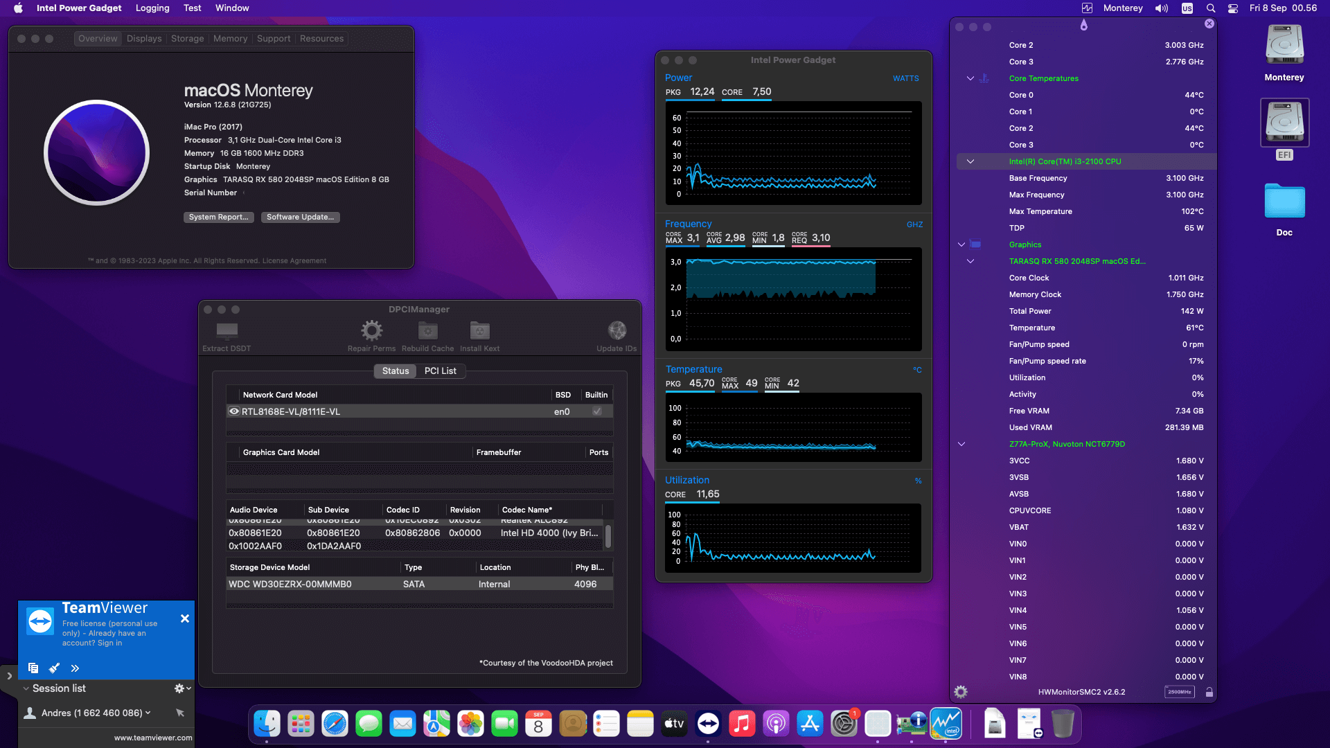 Success Hackintosh macOS Monterey 12.6.8 Build 21G725 in J&amp;W JW-Z77A-ProX + Intel Core i3 2100 + Tarasq RX 580 2048SP